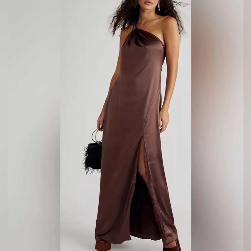 Free People Victoria one shoulder satin brown dress gown size 6